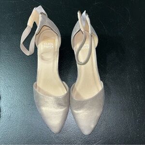 Eileen Fisher Metallic Crackle Champagne Gold Nubuck Ankle Strap Kitten Heels